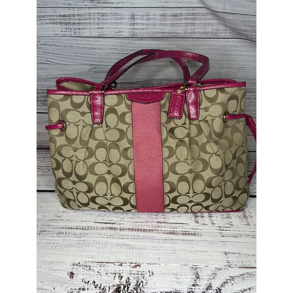 COACH F28501 Signature Stripe Drawstring Carryall Satchel Bag Pink Purse - Picture 1 of 16